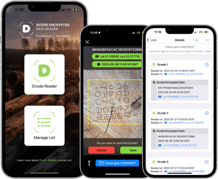 Dcode Reader app scanning a Dcode mark on timber