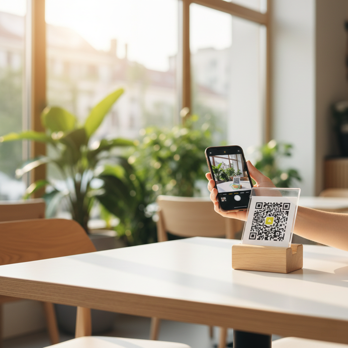 Person scanning a QR code at a modern café using MultiCode Scanner on a smartphone