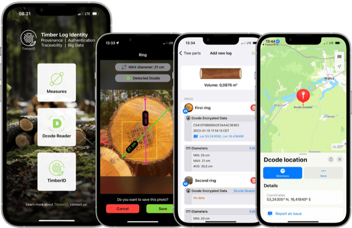 TimberID app displaying supply chain compliance data and EUDR status on iPhone